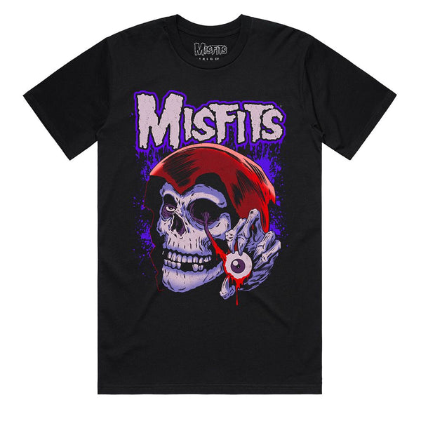Black tee featuring Misfits Evil Eye design by Monster Mark Kosobucki with colorful skull