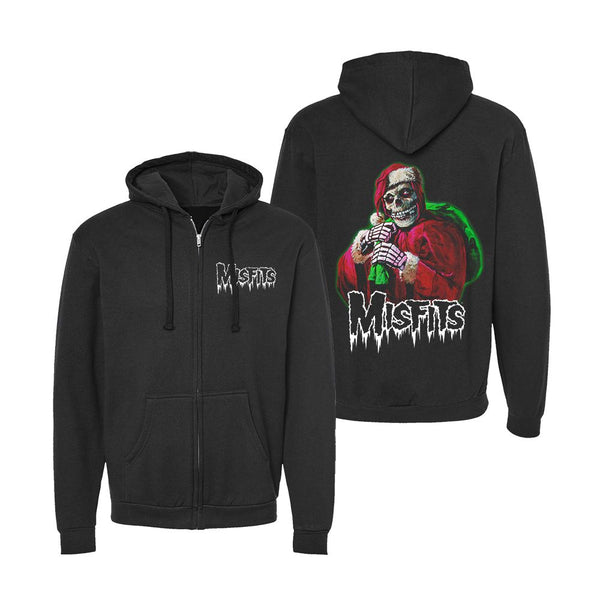 Black zip hoodie featuring Misfits skull design on the back for a stylish look