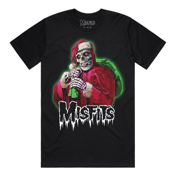 Black tee featuring Misfits Holiday Fiend design with skeletal figure in red robe