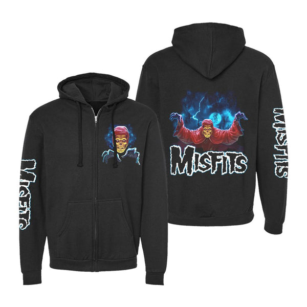 Black zip-up hoodie featuring Misfits Resurrection Fiend artwork on front and back