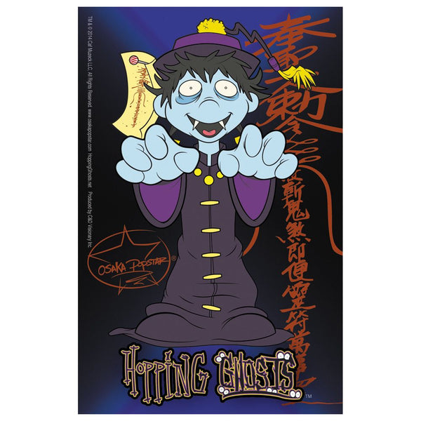 Cartoon blue-skinned vampire in Chinese attire on Osaka Popstar Hopping Ghosts Sticker