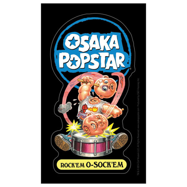 Tattooed punk-rock baby drummer in Osaka Popstar Rock’em O-Sock ’em sticker design