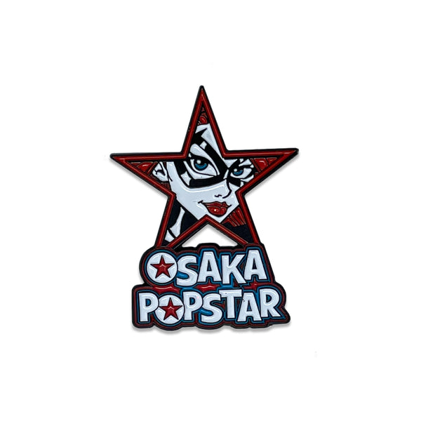 Stylized Osaka Popstar Super Hero Star Enamel Pin logo patch with red star and cartoon face
