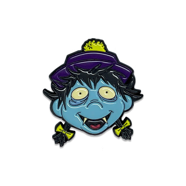 Cartoon blue-skinned witch enamel pin from Osaka Popstar featuring a hopping ghost design