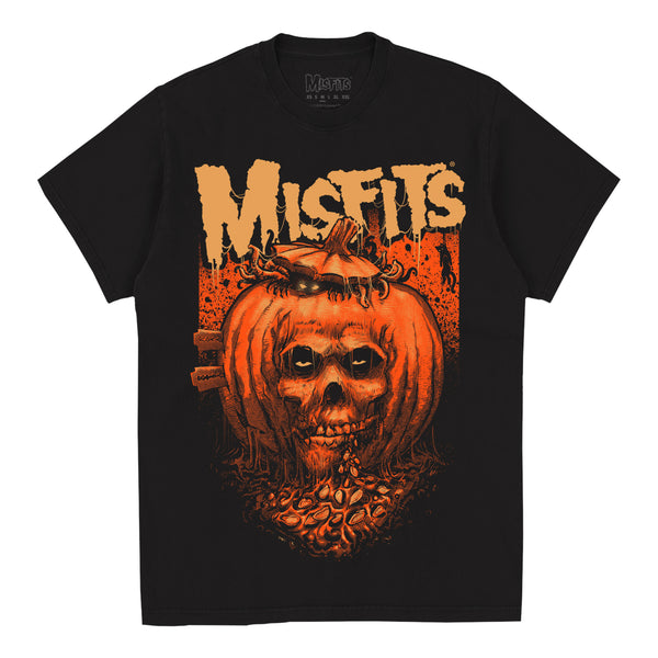 Black t-shirt featuring Misfits razor blade pumpkin skull Halloween design