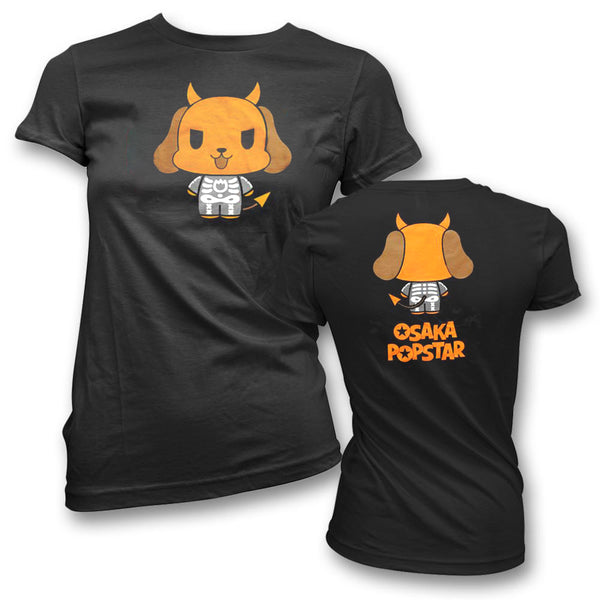 Black Skeleton Devil Dog Girls T-Shirt featuring a cartoon dog with orange ears and shorts