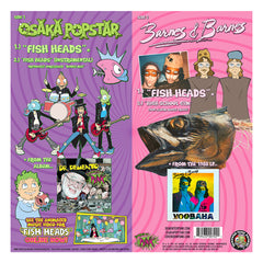 Album cover with cartoon characters and fish heads for Osaka Popstar Neon Green Vinyl