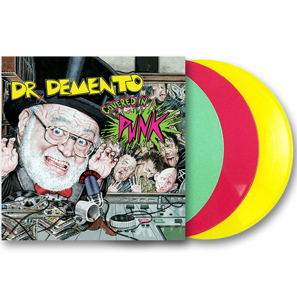 Colorful vinyl records with chaotic medical-themed album cover of Dr. Demento Covered in Punk