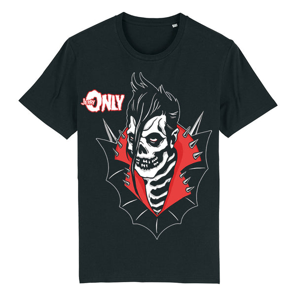Black tee featuring skull-faced character design with dark ink and red accents