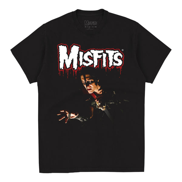 Black tee featuring Misfits band logo and shadowy figure graphic from Double Feature Black