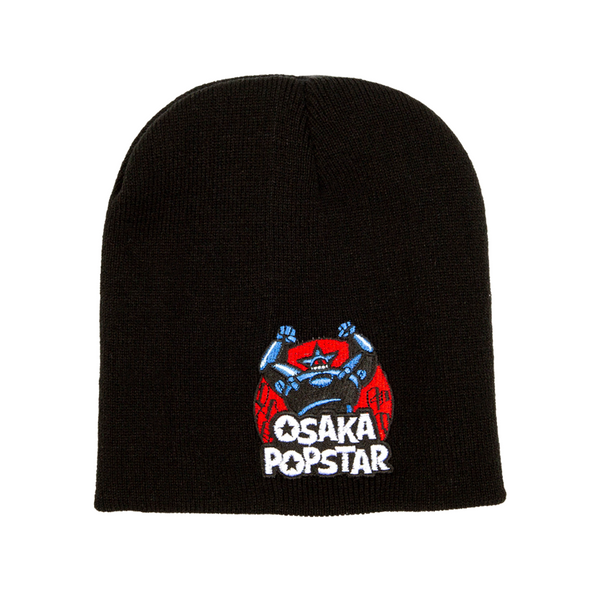 Black knit beanie hat featuring an embroidered Osaka Popstar Giant Robot logo design