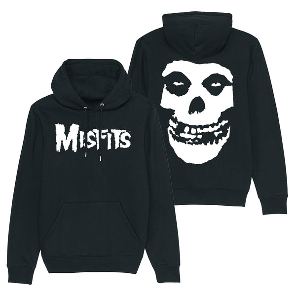 Two black pullover hoodies featuring Misfits Fiend Skull logo design