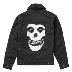 Black Misfits Sherpa Collar Jacket featuring a striking white skull design on the back