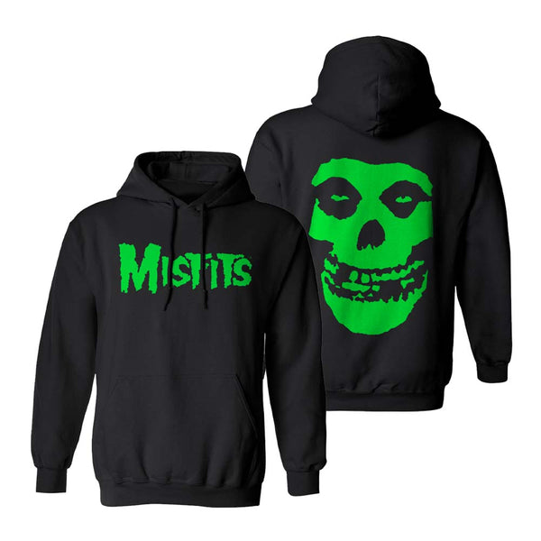 Black pullover hoodie featuring limited edition Misfits Fiend Skull and bright green logo