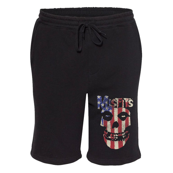Black fleece shorts with stripes fiend skull and American flag pattern on leg