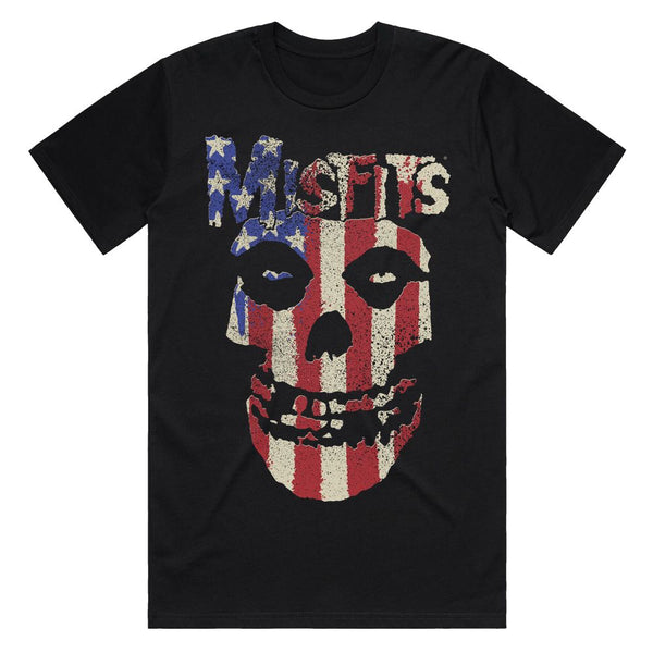 Black Stars and Stripes Fiend Skull Tee featuring American flag skull design and Misfits text