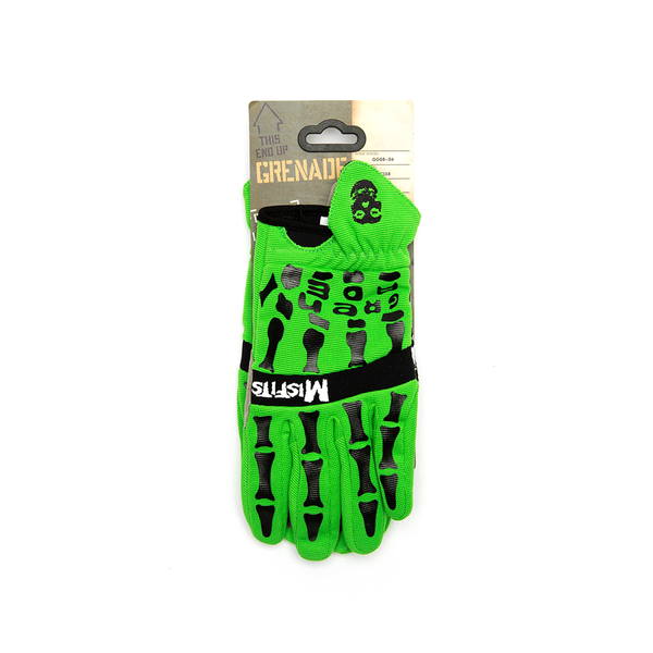 Bright green Misfits X Grenade snowboarding gloves with skeletal bone design