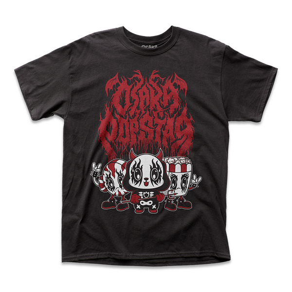 Kawaii Black Metal Black Tee featuring cartoon designs and a red band-style logo