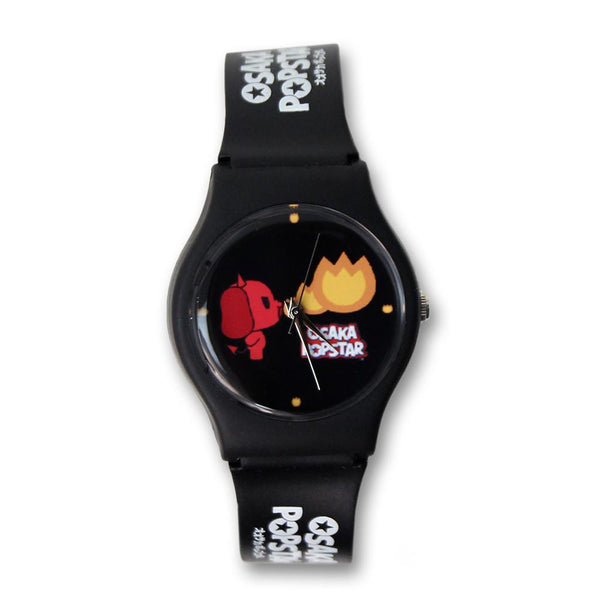 Black wristwatch featuring Osaka Popstar Devil character and flame design, Devil Dog Sport Watch