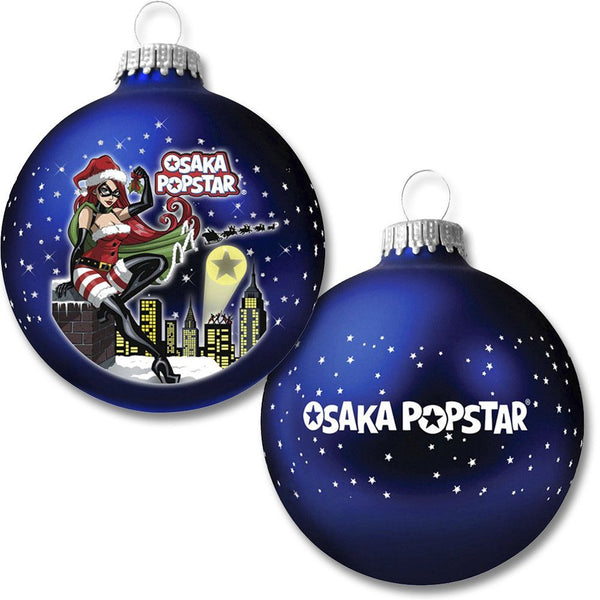 Osaka Popstar official glass ornaments featuring vibrant designs on blue spheres