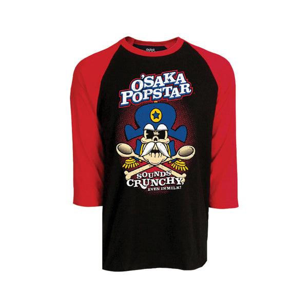 Baseball-style t-shirt featuring Osaka Popstar Crunchy Crossbones pirate skull design