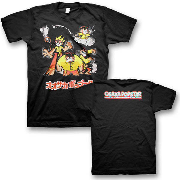 Black Shaolin Monkeys T-shirt with vibrant anime-style cartoon characters
