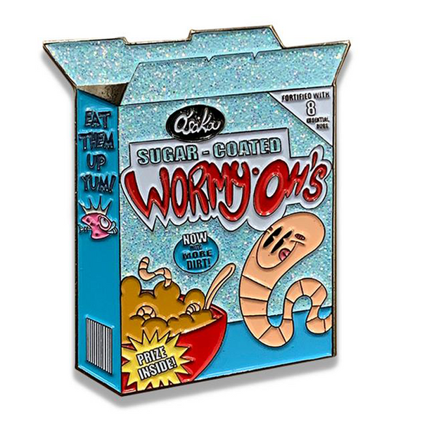 Wormy Oh’s Glitter Cereal Box Enamel Pin