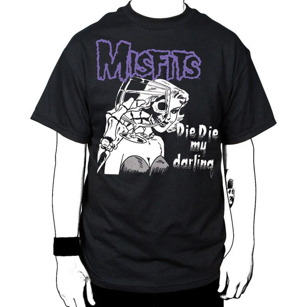 Black officially licensed Misfits Die Die My Darling Tee with skeletal figure design