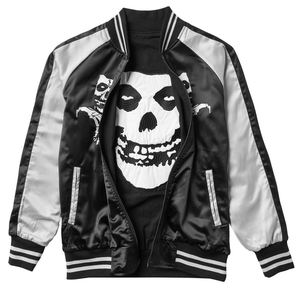 Black and silver satin Misfits Reversible Jacket with skull design and embroidered details