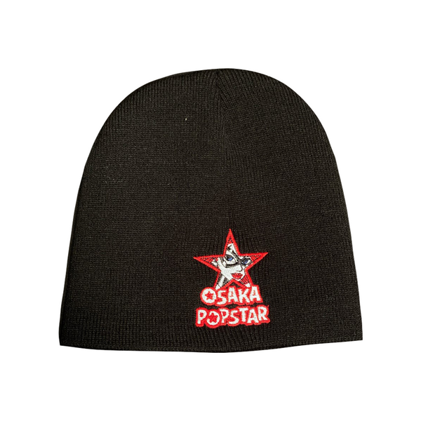 Black knit beanie with red star logo and Osaka Popstar text for super hero fans