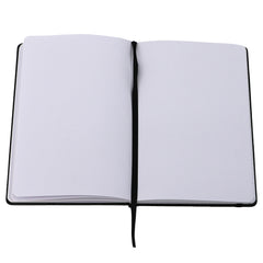 Open blank notebook with white pages and black cover of Misfits Fiend Skull Journal