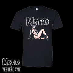 Black tee with Misfits Fiendish logo and vintage pin-up art design