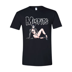 Black tee featuring Misfits Fiendish logo and vintage pin-up art design